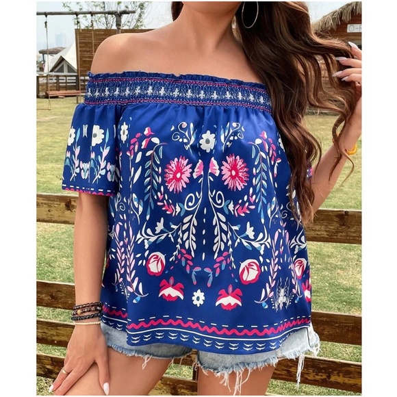 Tops - Plus Floral Print Off Shoulder Cottagecore Blouse